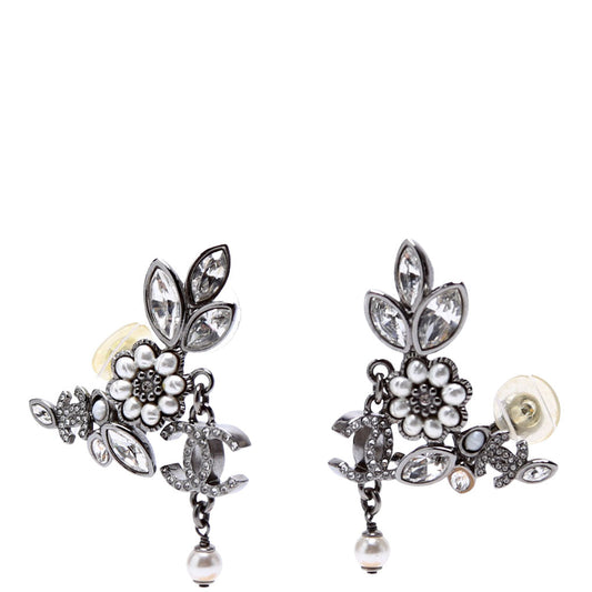 Chanel Crystal Pearly Flower Cluster Drop Silver/Pearl