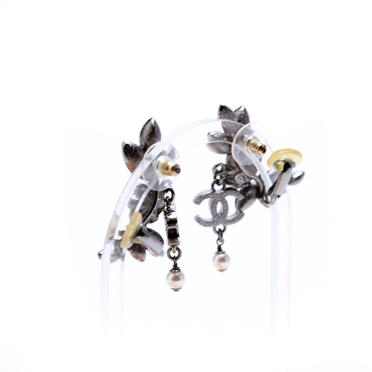 Chanel Crystal Pearly Flower Cluster Drop Silver/Pearl