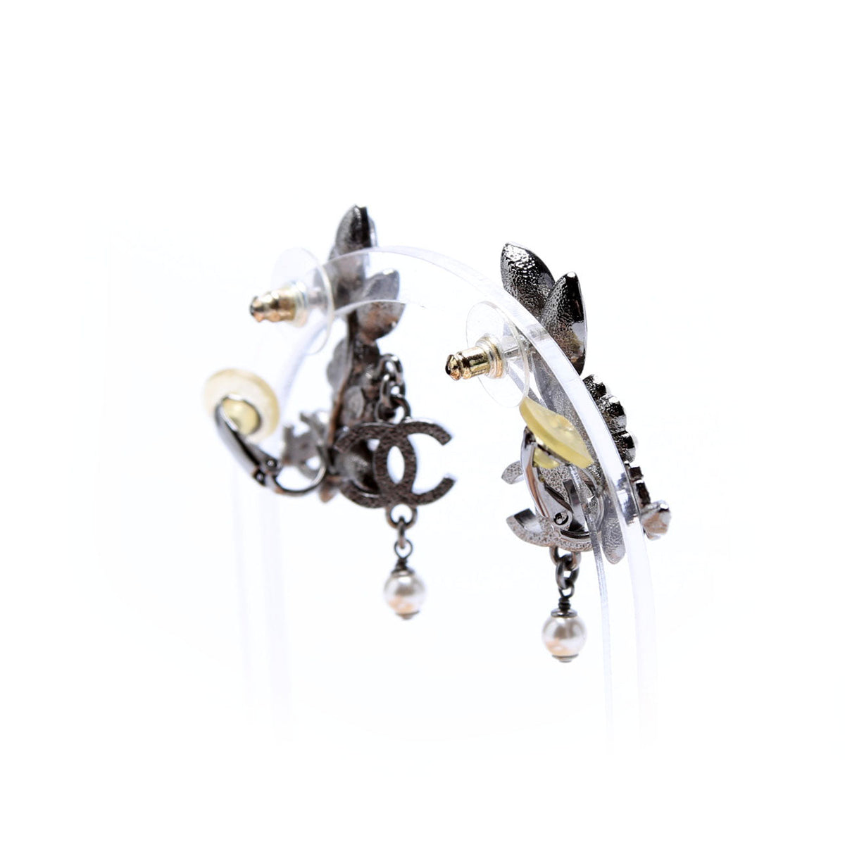 Chanel Crystal Pearly Flower Cluster Drop Silver/Pearl