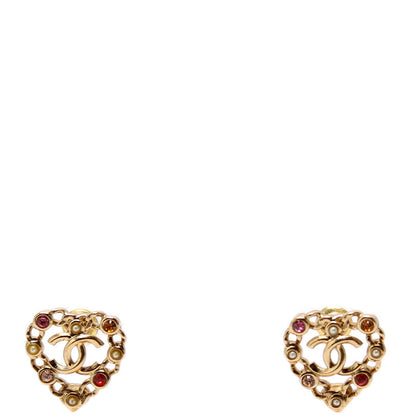 Chanel CC Pearl/Crystal Chain Link Heart Stud Earrings Gold/Multicolor