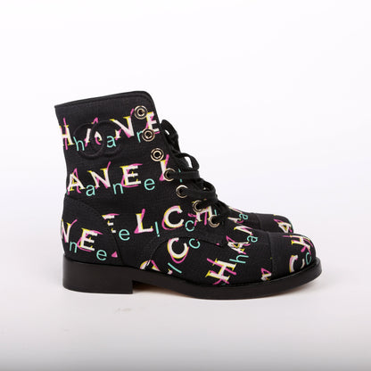 Chanel Tweed Logo Lace-Up Boots Size 37.5 Black/Multicolor