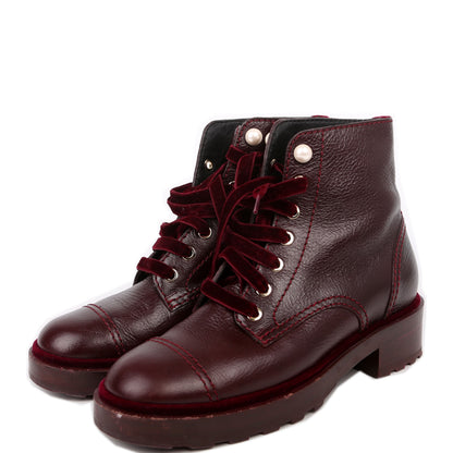 Chanel CC Calfskin/Velvet Pearl Combat Boots Size 38 Burgundy