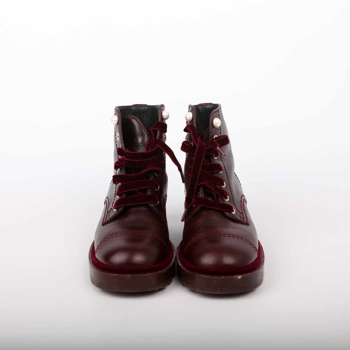 Chanel CC Calfskin/Velvet Pearl Combat Boots Size 38 Burgundy