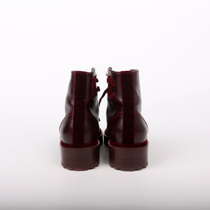 Chanel CC Calfskin/Velvet Pearl Combat Boots Size 38 Burgundy