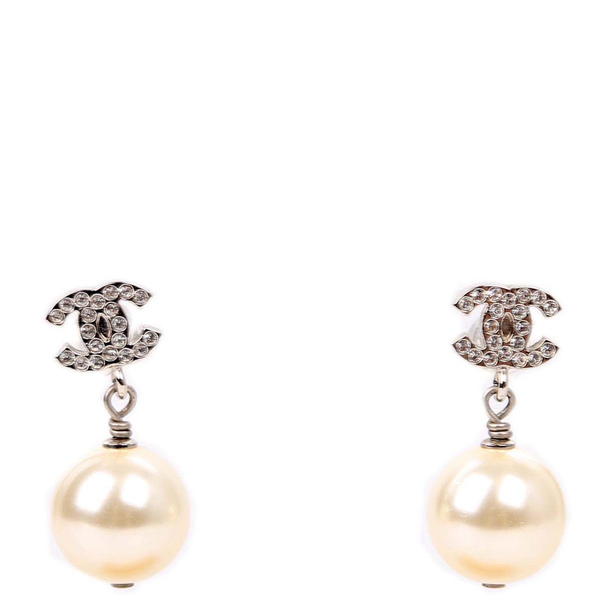 Chanel Crystal CC Pearl Drop Earrings Silver