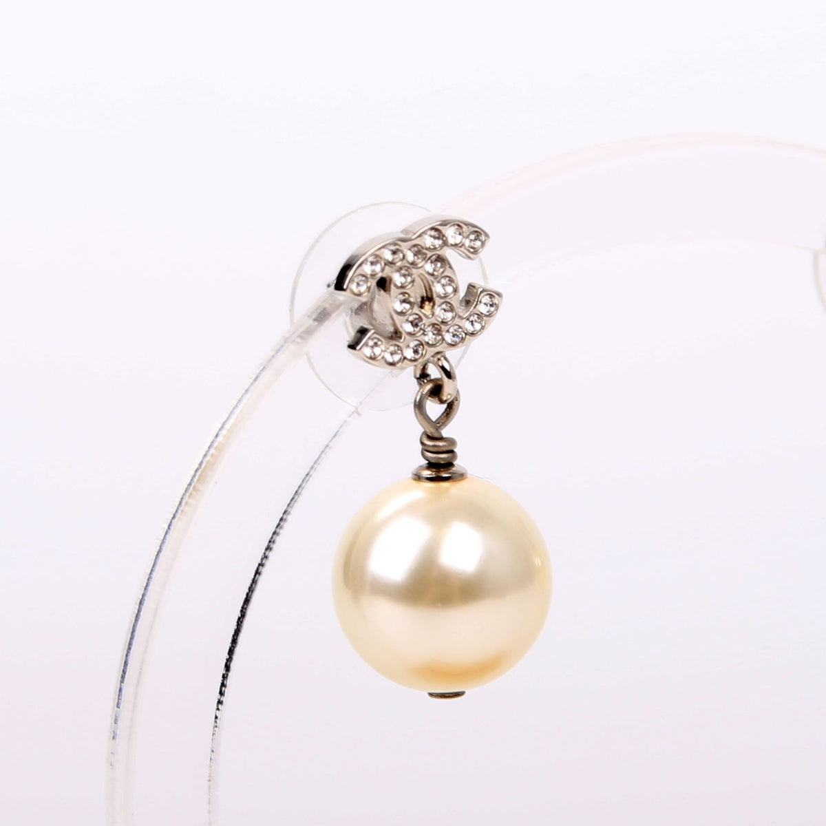 Chanel Crystal CC Pearl Drop Earrings Silver