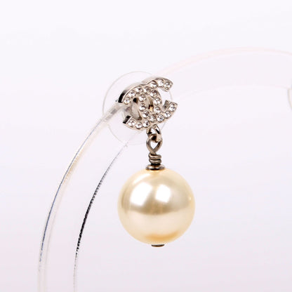 Chanel Crystal CC Pearl Drop Earrings Silver