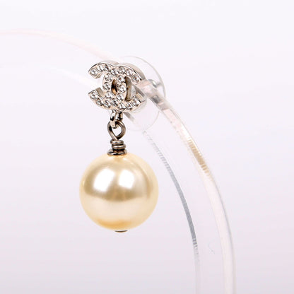 Chanel Crystal CC Pearl Drop Earrings Silver
