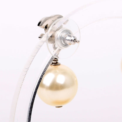 Chanel Crystal CC Pearl Drop Earrings Silver