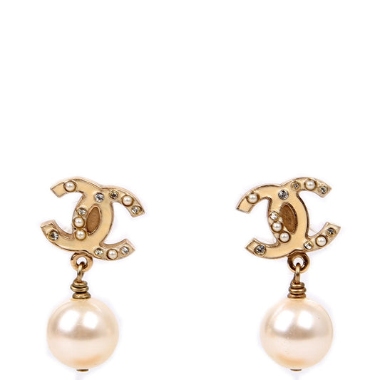 Chanel Enamel CC Pearl Drop Earrings Champagne