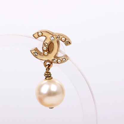 Chanel Enamel CC Pearl Drop Earrings Champagne