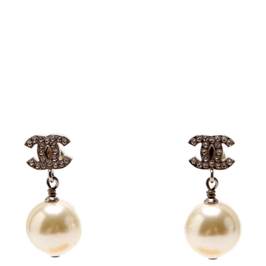 Chanel Crystal CC Pearl Drop Earrings Silver/Pearl