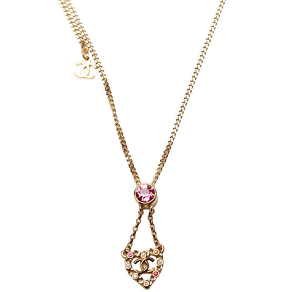 Chanel CC Pearl/Crystal Chain Link Heart Drop Necklace Gold/Pink