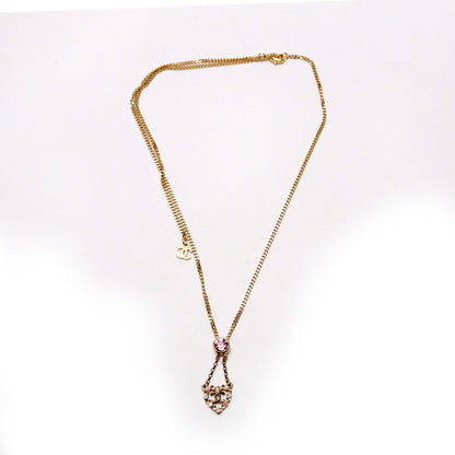 Chanel CC Pearl/Crystal Chain Link Heart Drop Necklace Gold/Pink