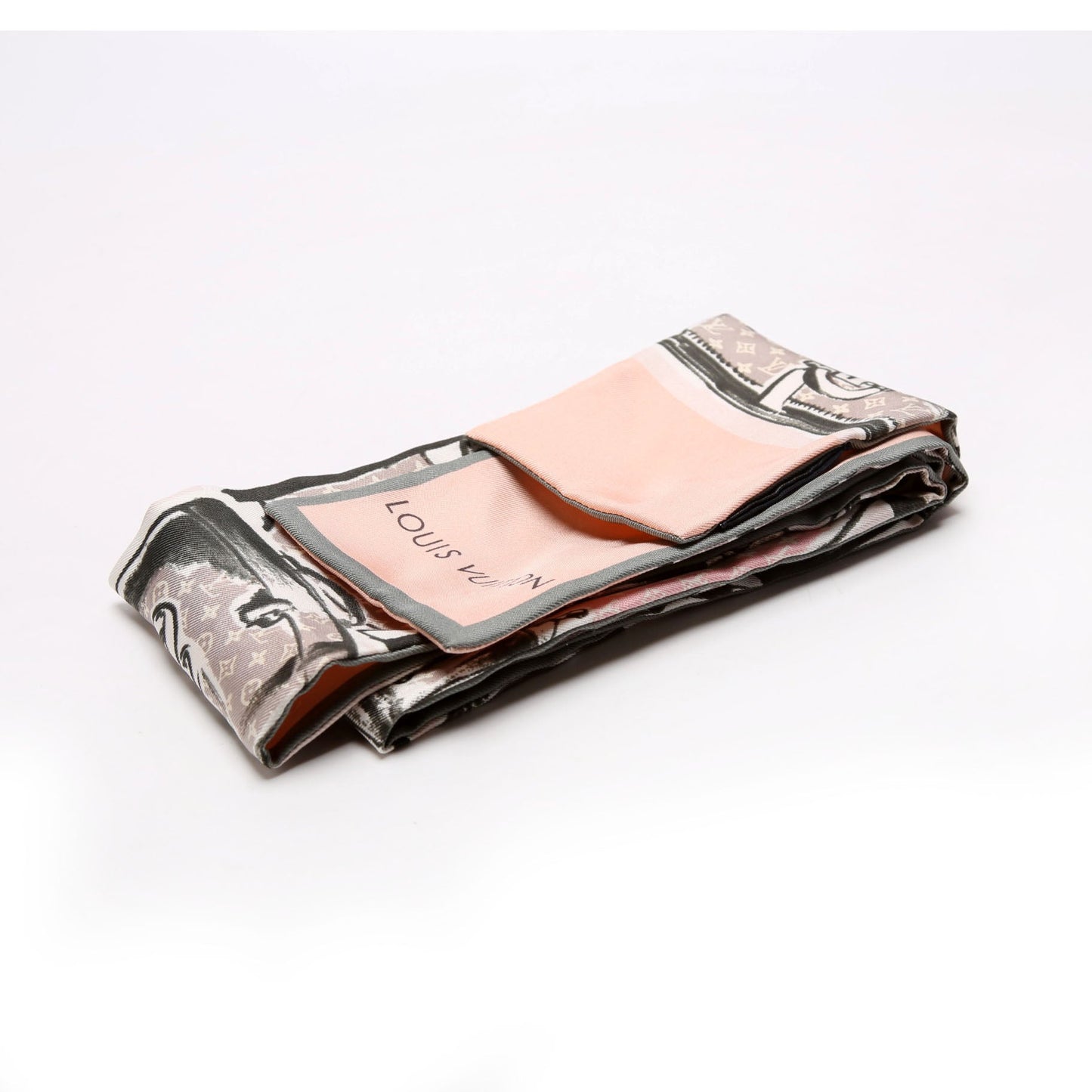 Louis-Vuitton Trunks Rose Bandeau Silk Scarf Pink/Grey