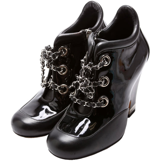 Chanel Patent/Calfskin Wedge Booties Size 37