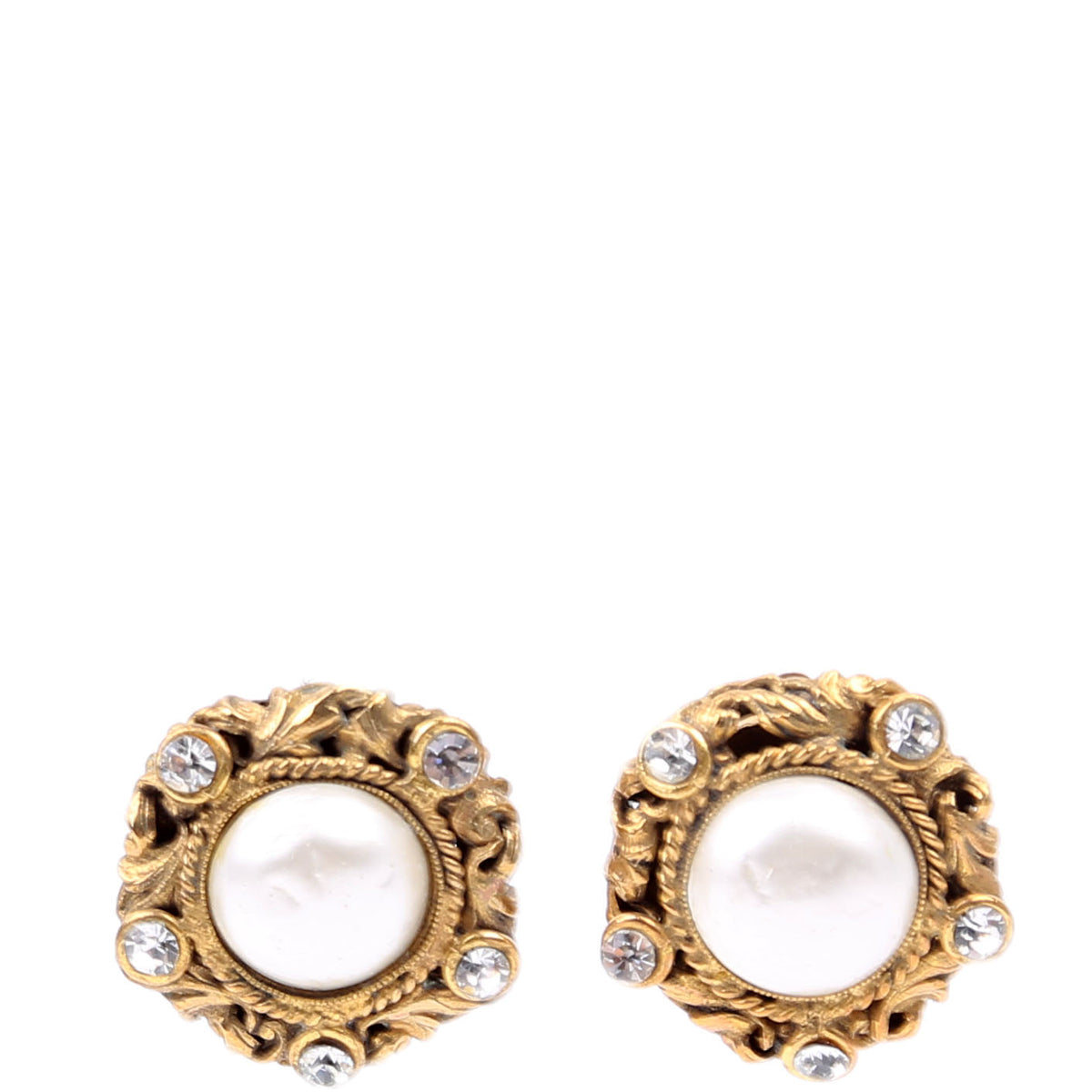 Chanel CC Rhinestone/Faux Pearl Clip On Vintage Earrings Gold