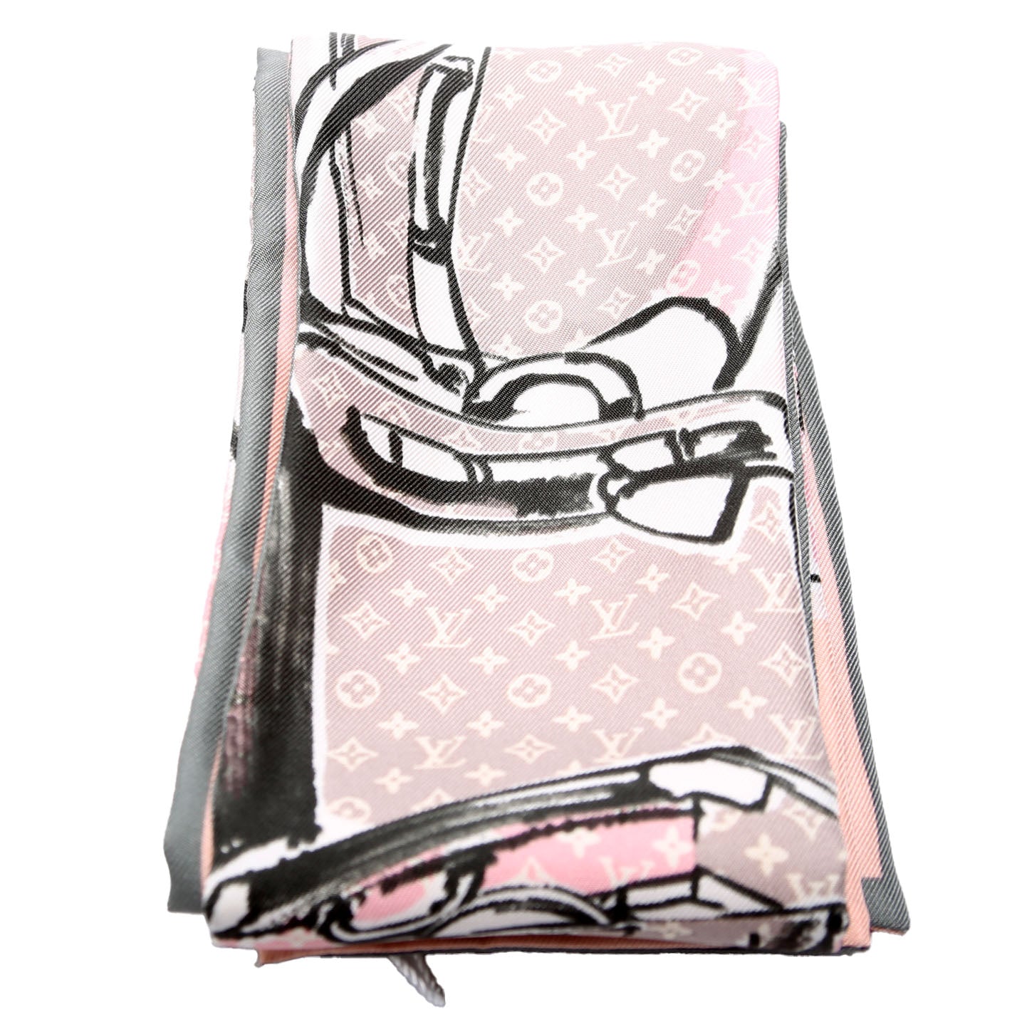 Louis-Vuitton Trunks Rose Bandeau Silk Scarf Pink/Grey