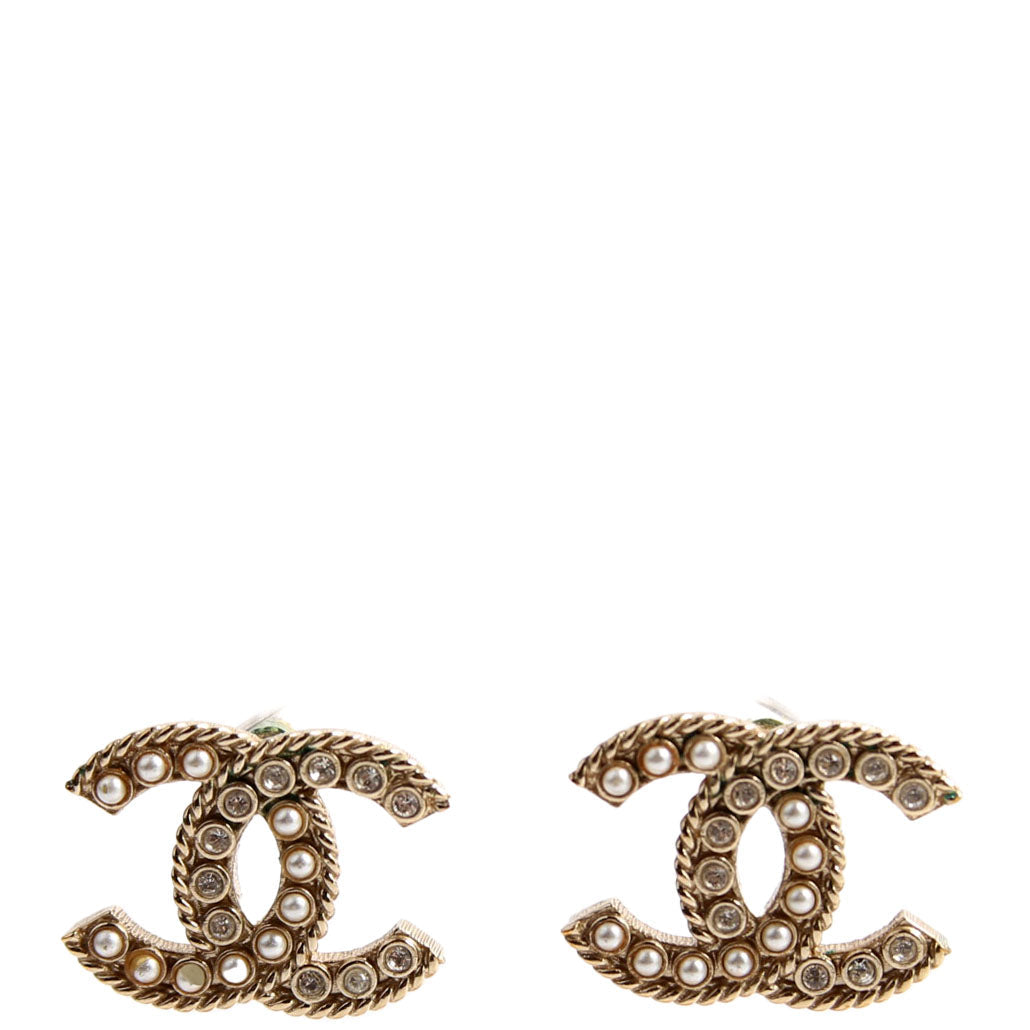 Chanel Crystal/Pearly CC Medium Stud Earrings Gold