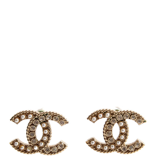 Chanel Crystal/Pearly CC Medium Stud Earrings Gold