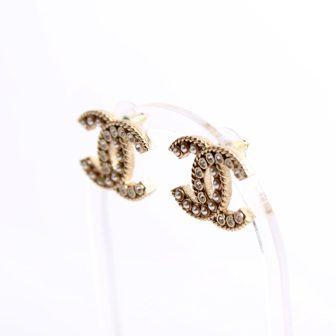 Chanel Crystal/Pearly CC Medium Stud Earrings Gold