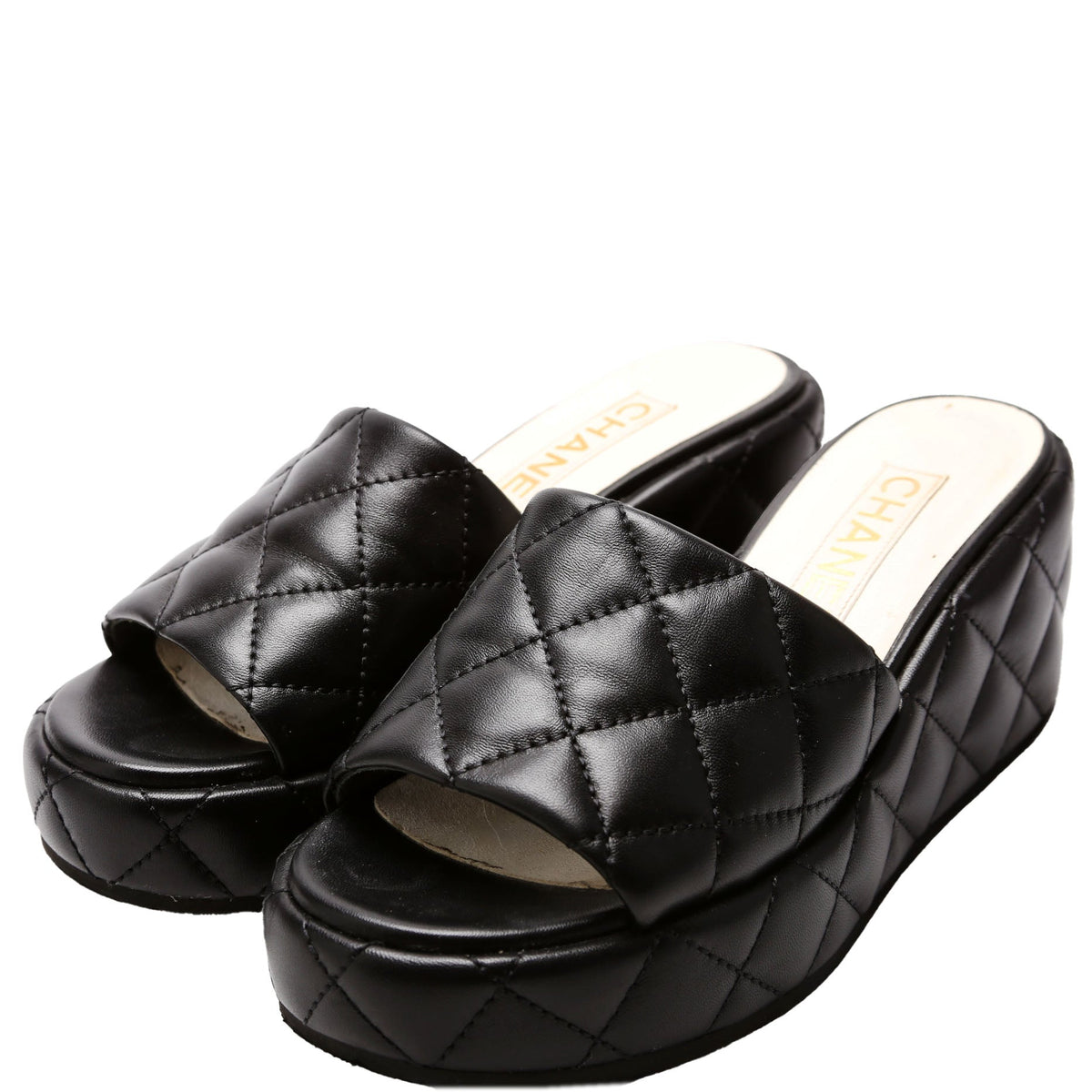 Chanel Camelia Quilted Lambskin Platform Mules Size 37 Black