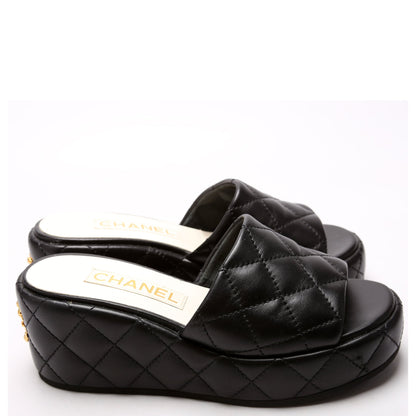 Chanel Camelia Quilted Lambskin Platform Mules Size 37 Black