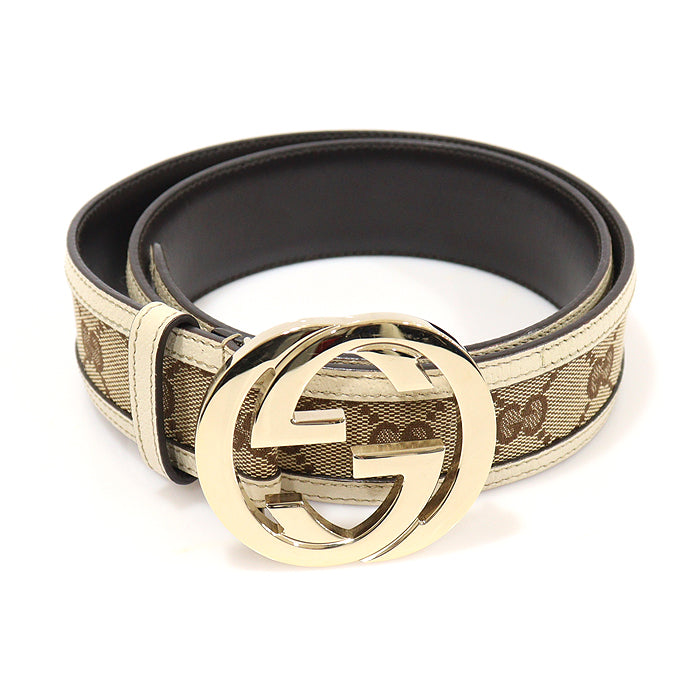 Gucci Interlocking G Buckle Jacquard Belt in GG Logo Gold Tone Unisex 85 142773571