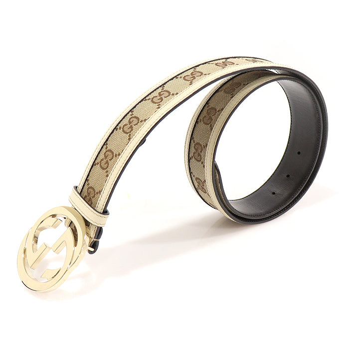 Gucci Interlocking G Buckle Jacquard Belt in GG Logo Gold Tone Unisex 85 142773571