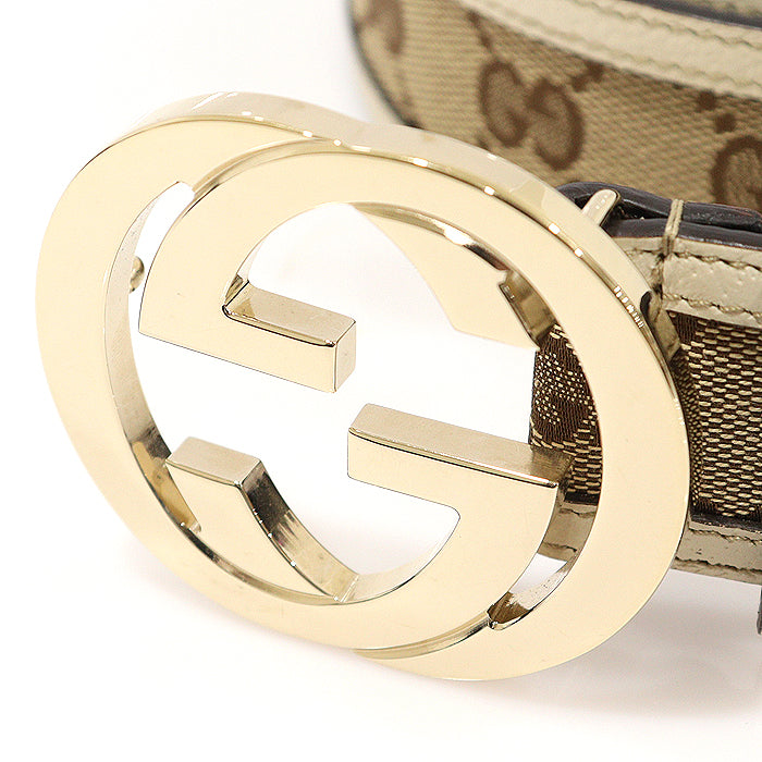 Gucci Interlocking G Buckle Jacquard Belt in GG Logo Gold Tone Unisex 85 142773571