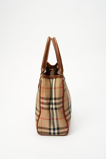 Vintage Burberry Tote Bag With Tan Leather Trim