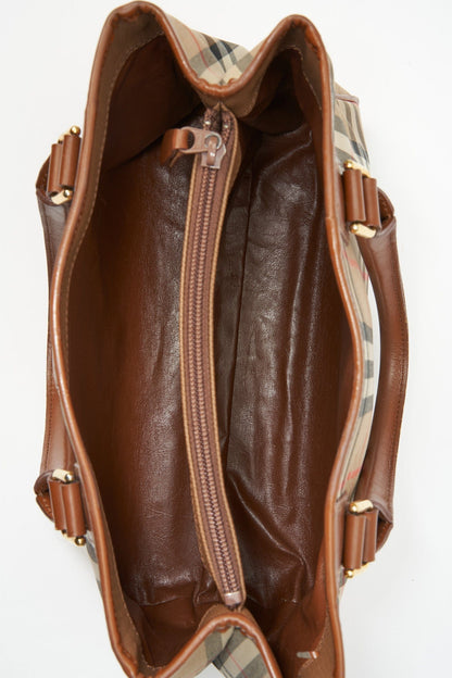 Vintage Burberry Tote Bag With Tan Leather Trim