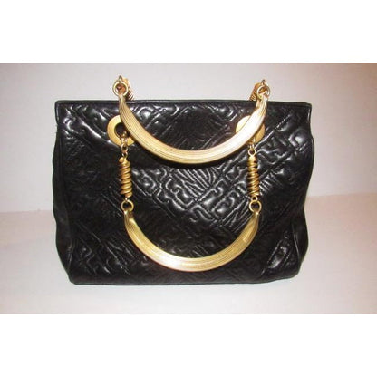 Fendi Black Logo Print Quilted Leather Satchel w Pasta Engraved Gold Handles