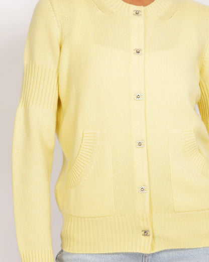 Chanel Yellow Cashmere Cardigan with Silver CC Logo Buttons Size FR 38 (UK 10)
