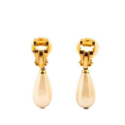 White Chanel Gold Plated Faux Pearl CC Swing Clip On Earrings