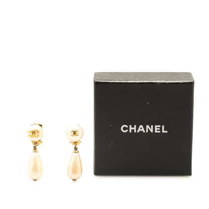 White Chanel Gold Plated Faux Pearl CC Swing Clip On Earrings