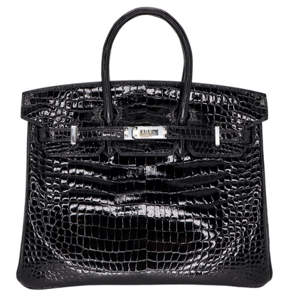 Hermès 25cm Birkin Black Shiny Porosus Crocodile Palladium Hardware