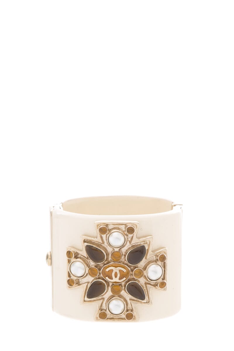 Chanel 2013 Cream Pearl & Yellow Studded Logo Cuff Bracelet