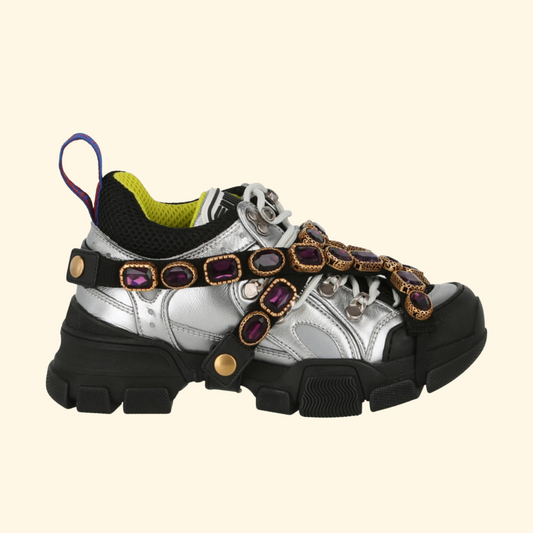 Gucci Flashtrek Chunky Leather Sneakers, Silver,  - ShopShops