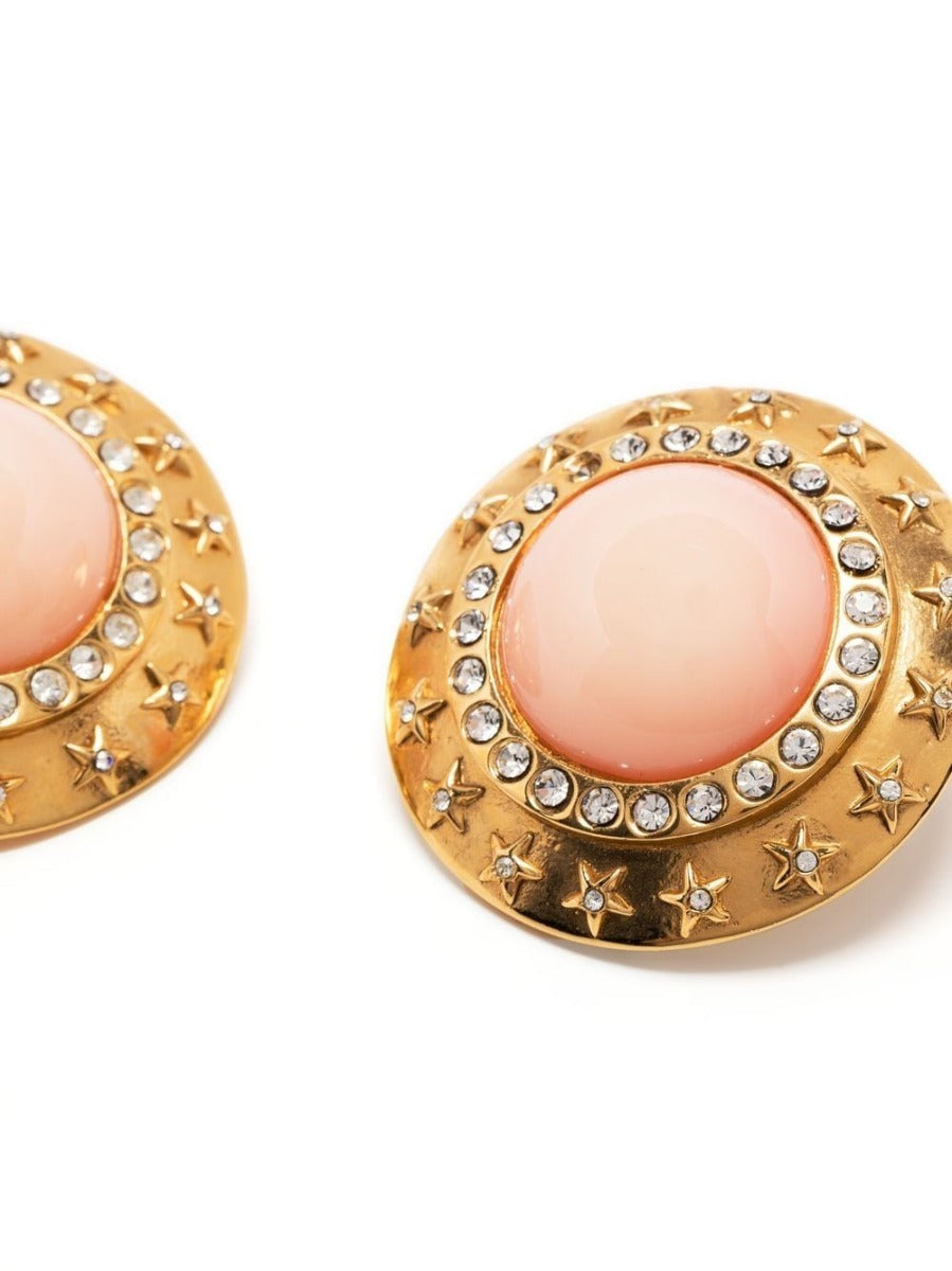 Coral Cabochon Rhinestone Earrings