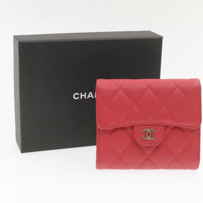 CHANEL Caviar Skin Matelasse Wallet Pink Red CC Auth 18734A