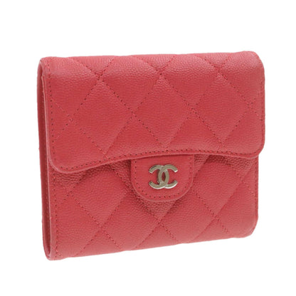 CHANEL Caviar Skin Matelasse Wallet Pink Red CC Auth 18734A