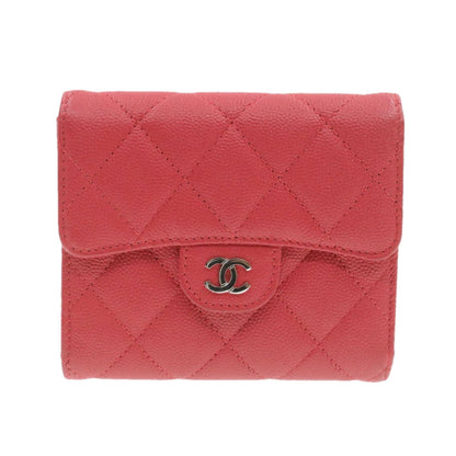 CHANEL Caviar Skin Matelasse Wallet Pink Red CC Auth 18734A