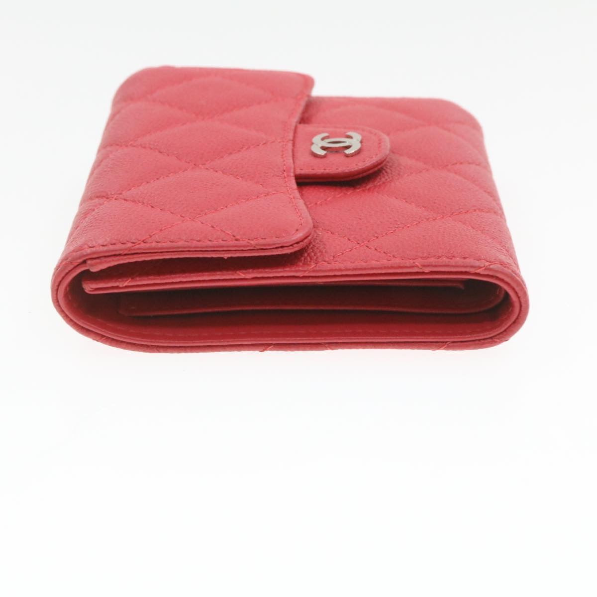 CHANEL Caviar Skin Matelasse Wallet Pink Red CC Auth 18734A