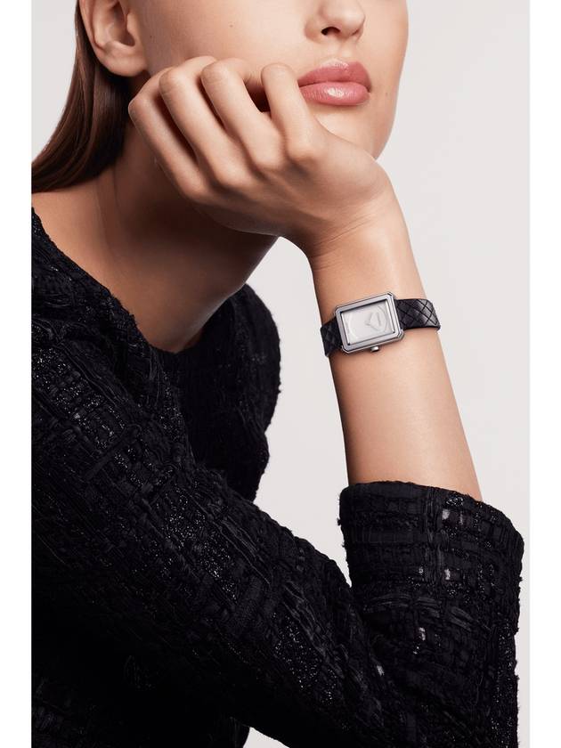 Boyfriend Calfskin Quilted Pattern Strap Small Watch Silver Black Chanel