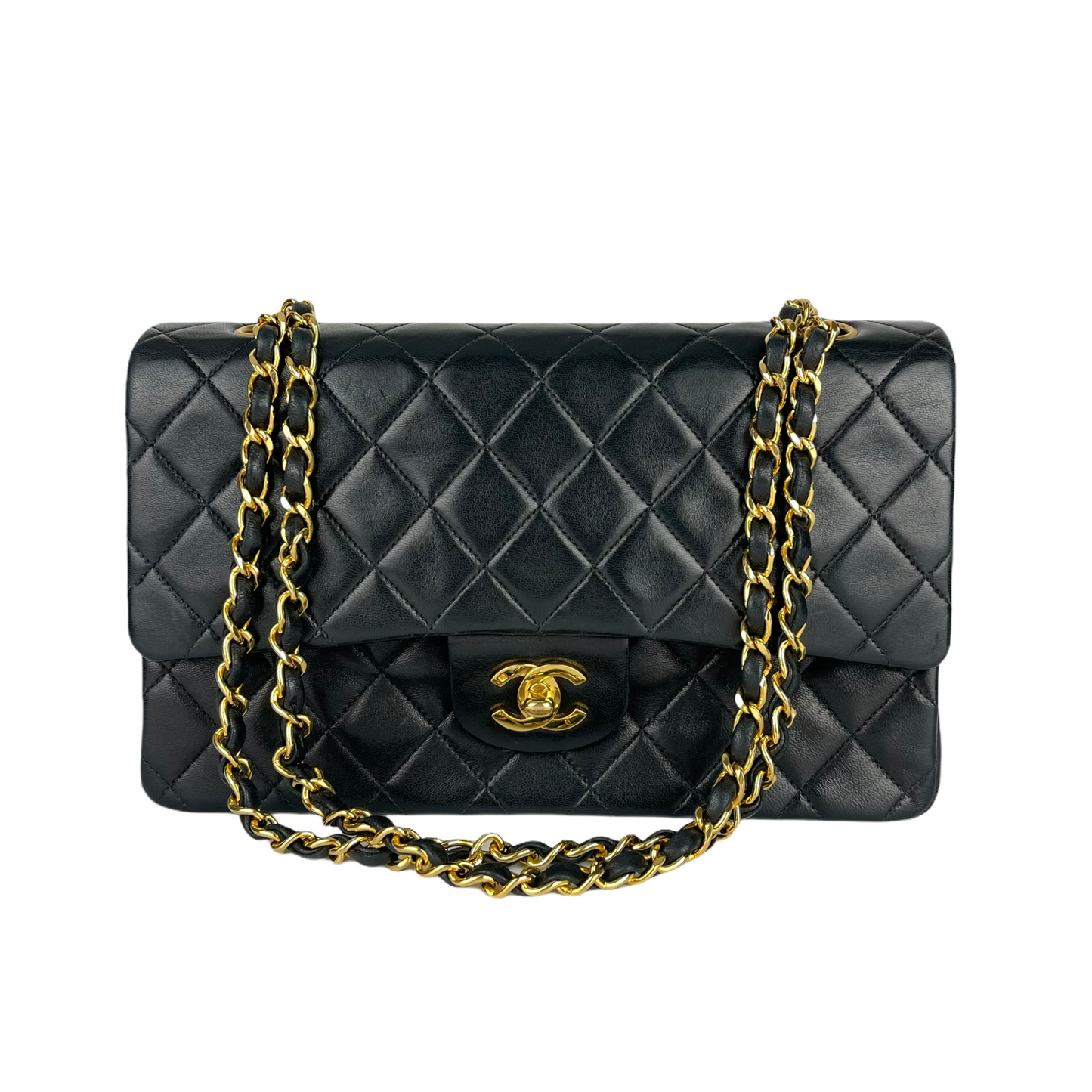 Vintage Lambskin Double Flap M/L with GHW In black