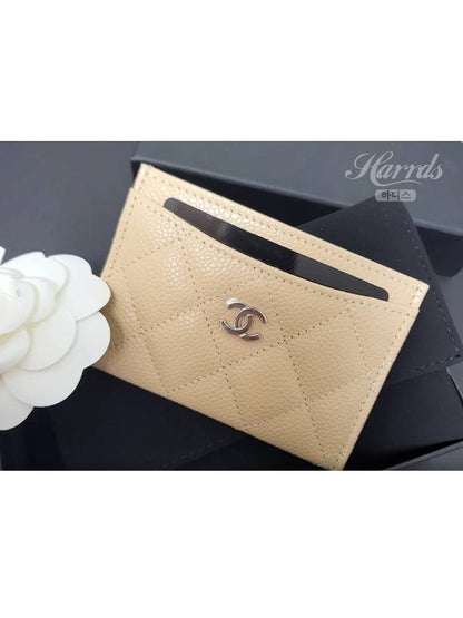 Silver CC Logo Caviar Card Wallet Beige Chanel