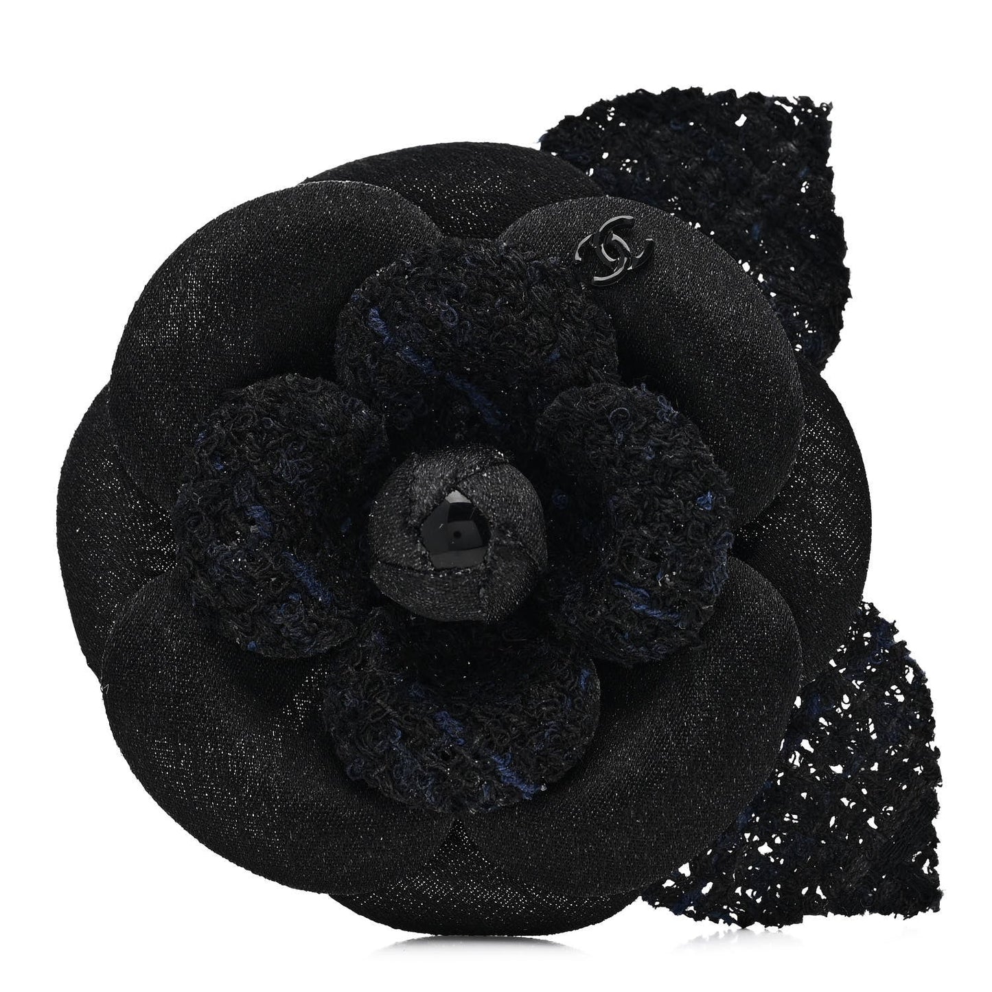 Tweed Fabric Camellia Pin Brooch Navy Blue Black