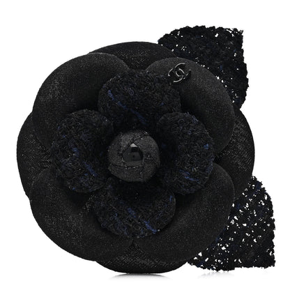 Tweed Fabric Camellia Pin Brooch Navy Blue Black