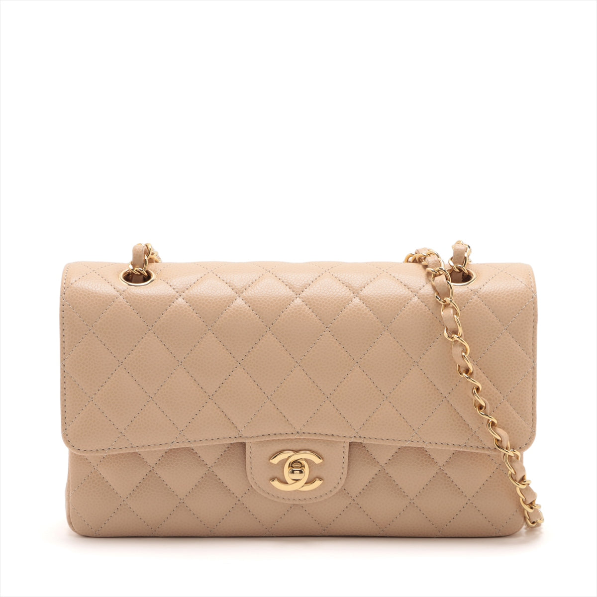 Chanel Matrasse Caviar S Double Flap Double Chain Bag Beige Gold